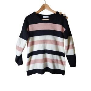 LOVE CIRCLE Maternity Pink Black White Striped Crew Neck Pullover Sweater SZ M